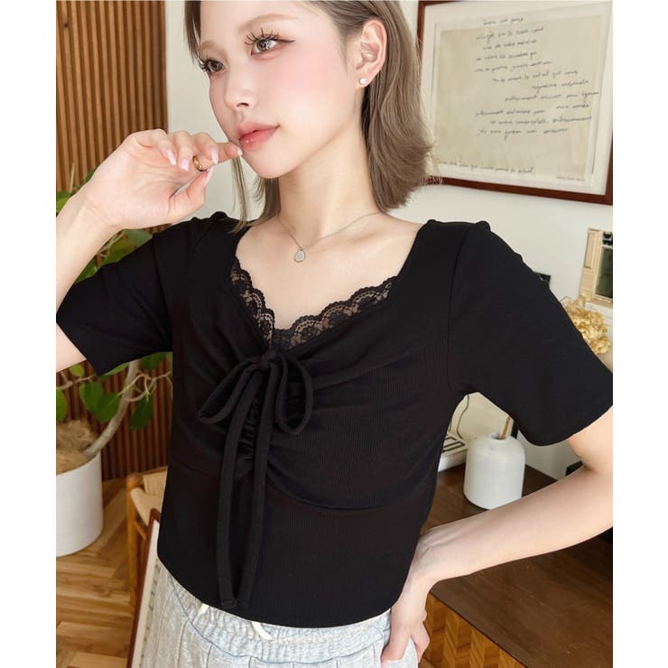 ドットプリントフロントレースギャザーリボントップス | moment+ | 詳細画像26 