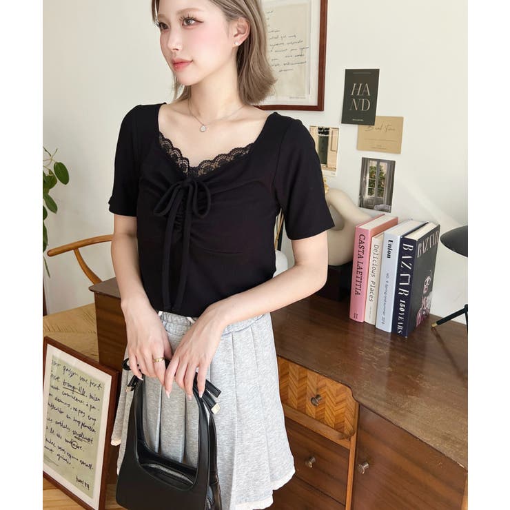 ドットプリントフロントレースギャザーリボントップス | moment+ | 詳細画像27 