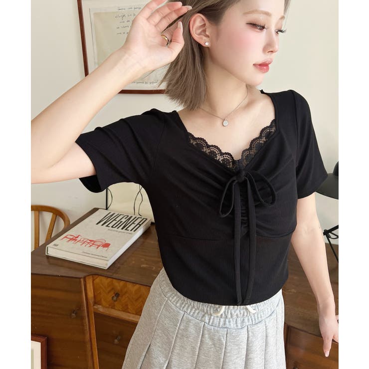 ドットプリントフロントレースギャザーリボントップス | moment+ | 詳細画像28 