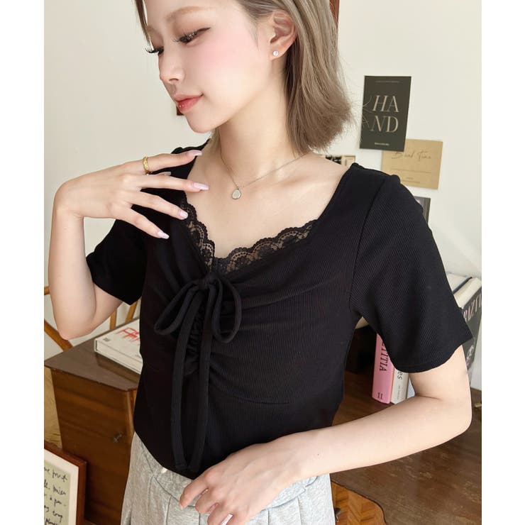 ドットプリントフロントレースギャザーリボントップス | moment+ | 詳細画像29 