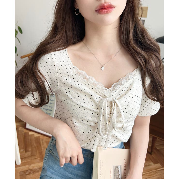 ドットプリントフロントレースギャザーリボントップス | moment+ | 詳細画像30 