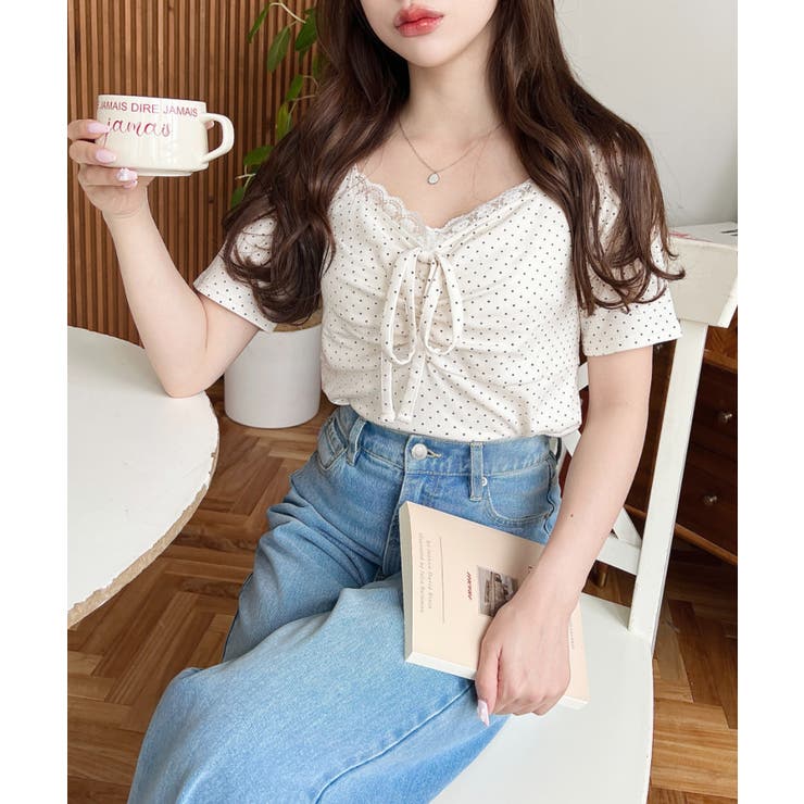 ドットプリントフロントレースギャザーリボントップス | moment+ | 詳細画像31 