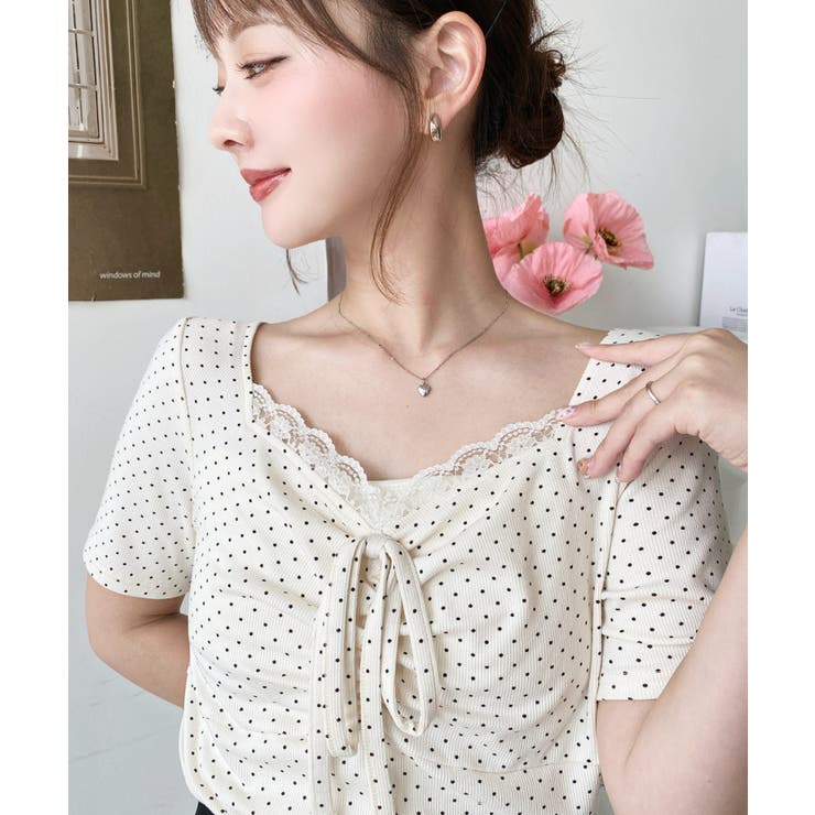 ドットプリントフロントレースギャザーリボントップス | moment+ | 詳細画像39 