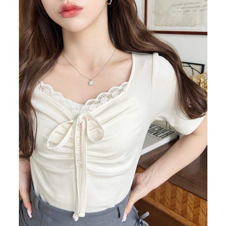 ドットプリントフロントレースギャザーリボントップス | moment+ | 詳細画像4 