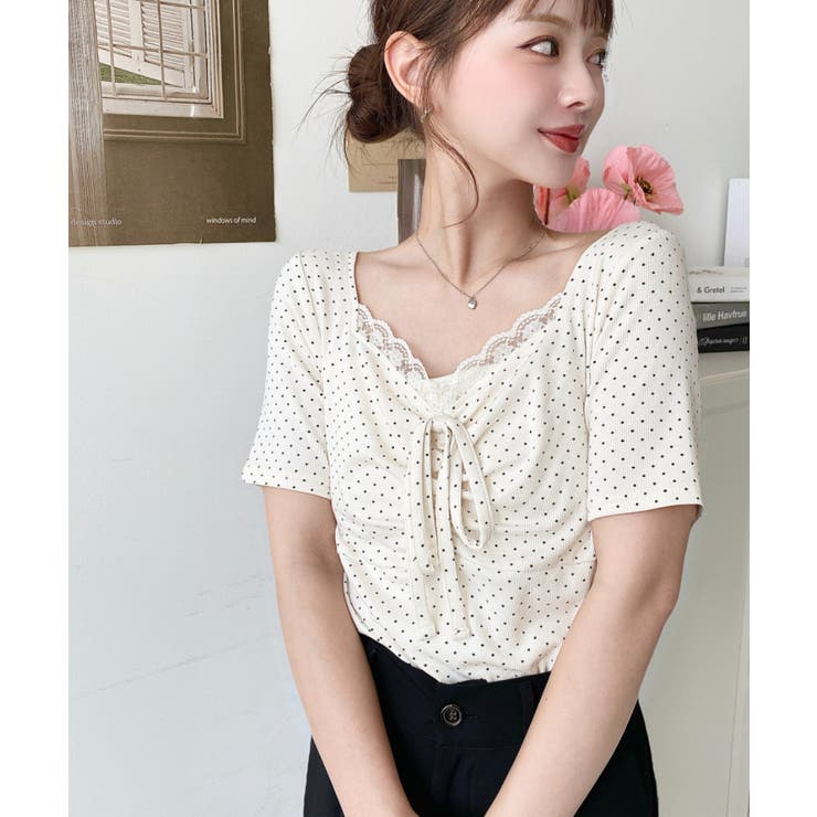 ドットプリントフロントレースギャザーリボントップス | moment+ | 詳細画像40 
