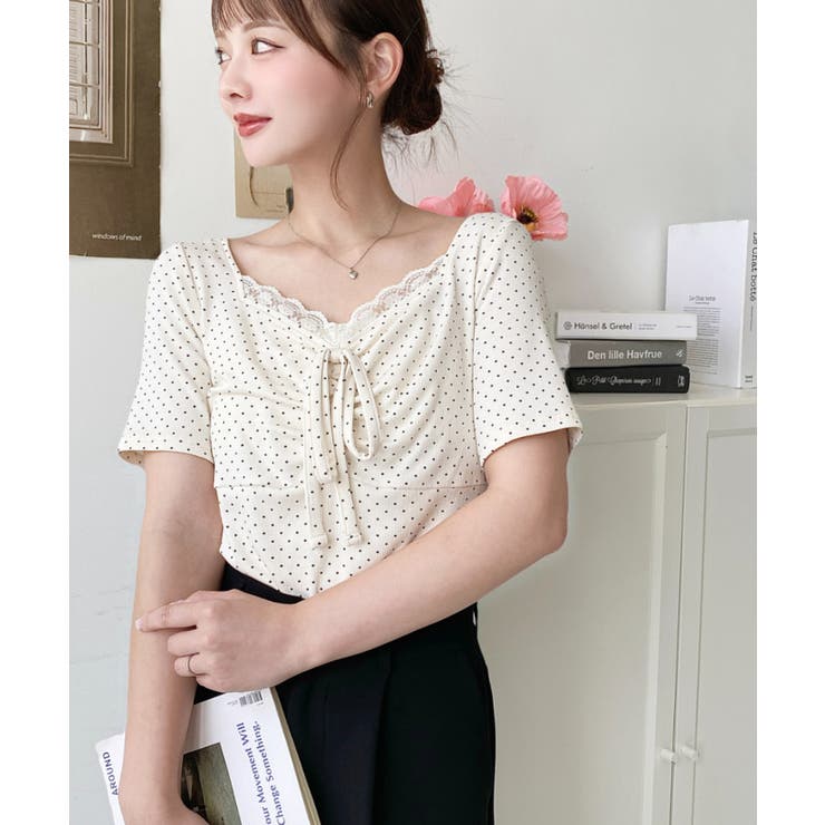 ドットプリントフロントレースギャザーリボントップス | moment+ | 詳細画像41 