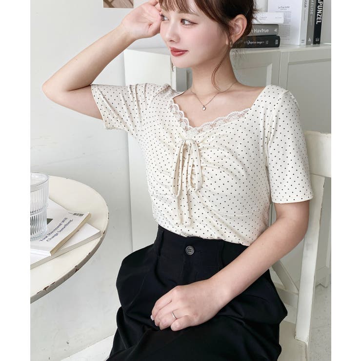 ドットプリントフロントレースギャザーリボントップス | moment+ | 詳細画像42 