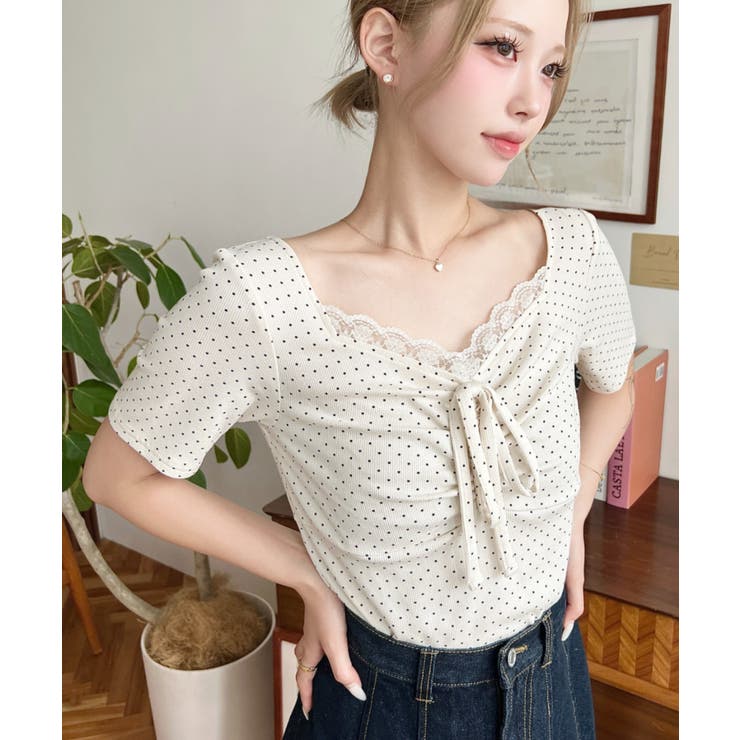 ドットプリントフロントレースギャザーリボントップス | moment+ | 詳細画像44 