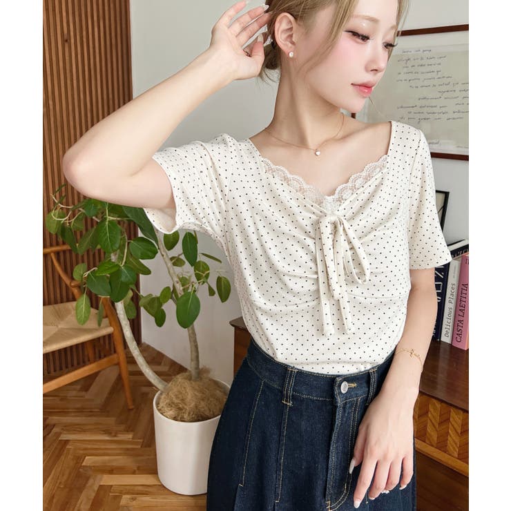 ドットプリントフロントレースギャザーリボントップス | moment+ | 詳細画像45 