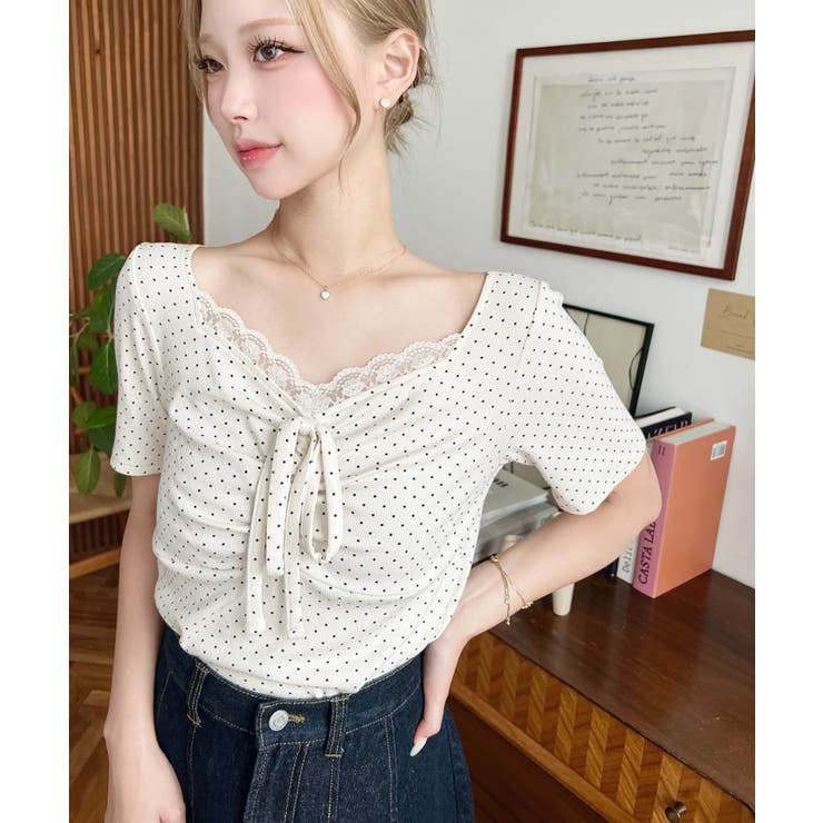 ドットプリントフロントレースギャザーリボントップス | moment+ | 詳細画像47 