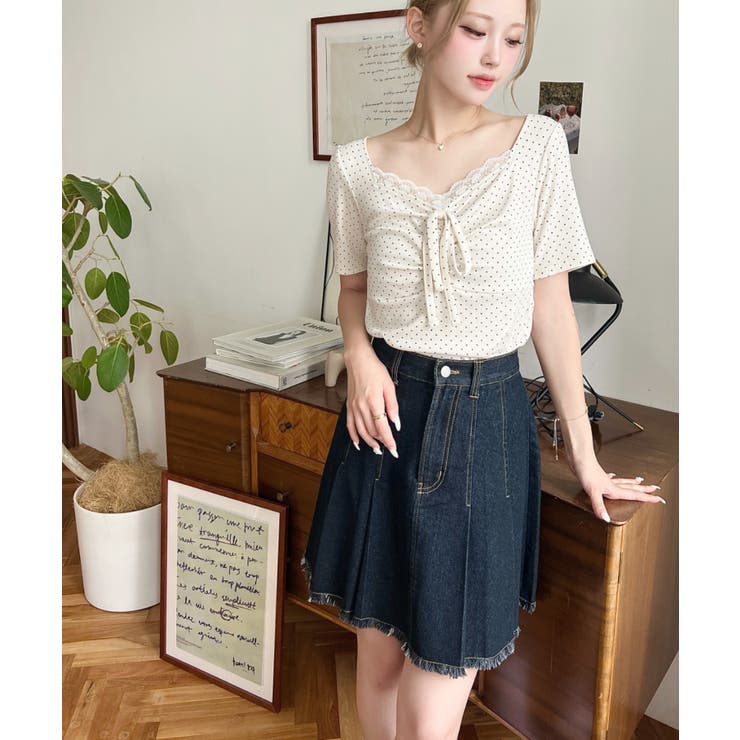 ドットプリントフロントレースギャザーリボントップス[品番