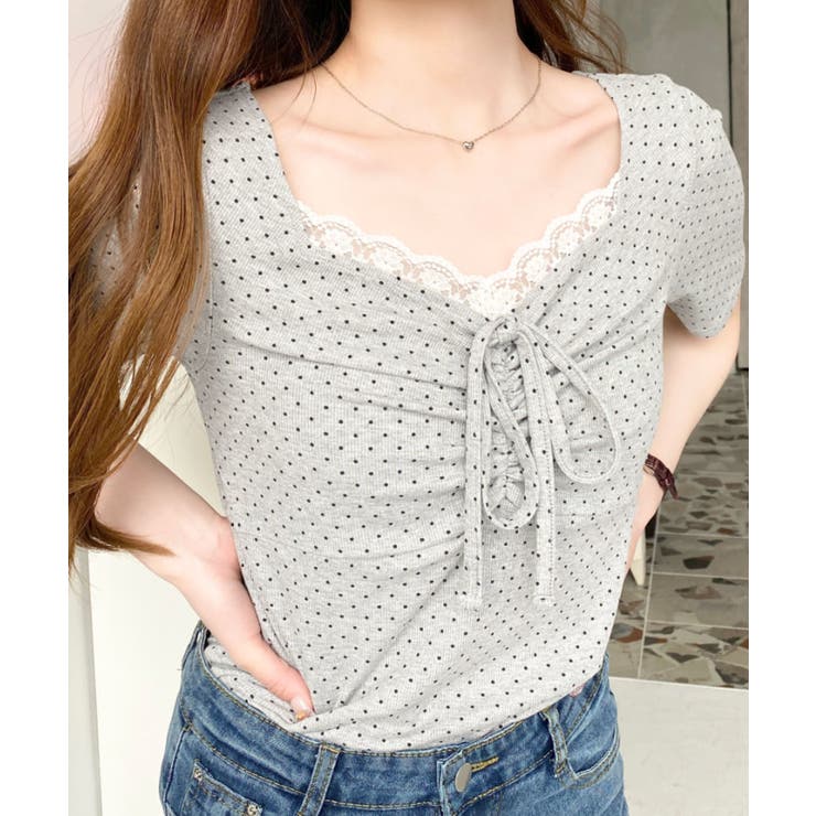 ドットプリントフロントレースギャザーリボントップス | moment+ | 詳細画像50 