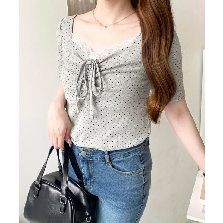 ドットプリントフロントレースギャザーリボントップス | moment+ | 詳細画像51 