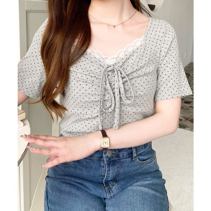 ドットプリントフロントレースギャザーリボントップス | moment+ | 詳細画像52 