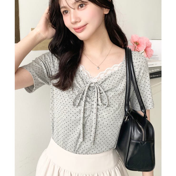 ドットプリントフロントレースギャザーリボントップス | moment+ | 詳細画像54 