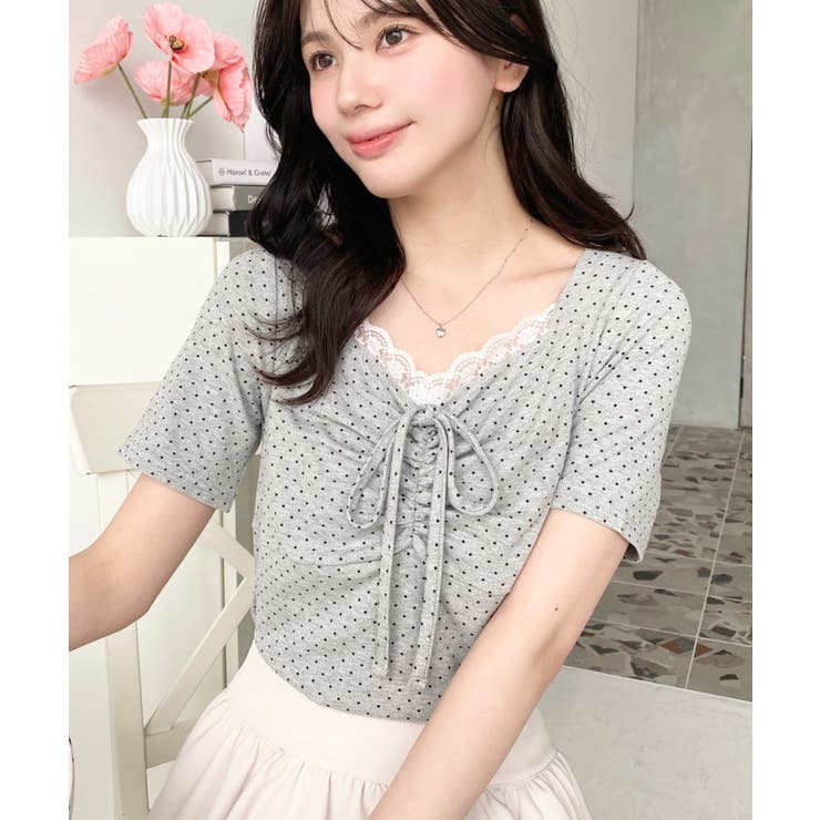 ドットプリントフロントレースギャザーリボントップス | moment+ | 詳細画像55 