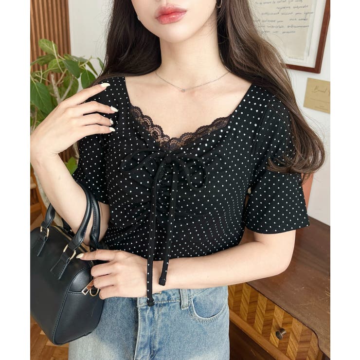 ドットプリントフロントレースギャザーリボントップス | moment+ | 詳細画像60 