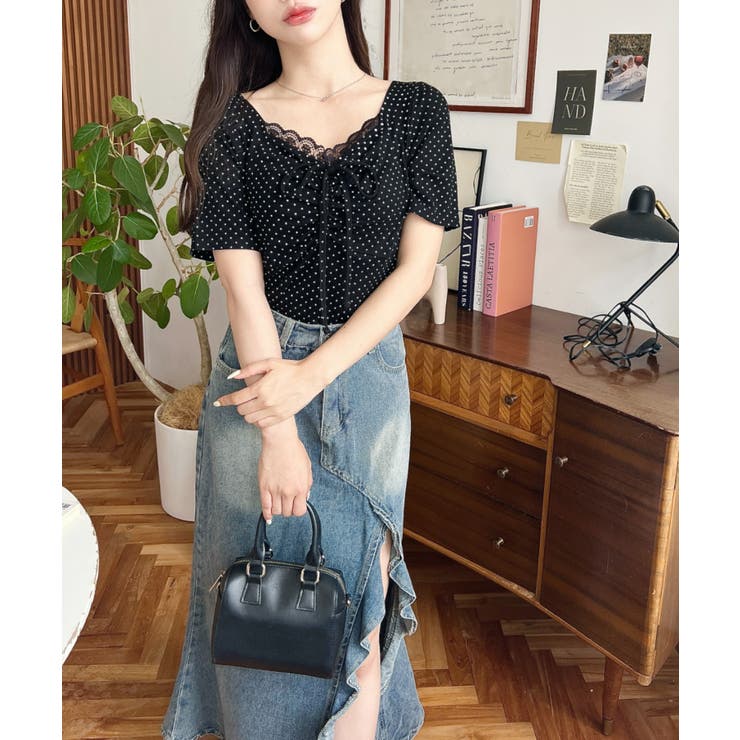 ドットプリントフロントレースギャザーリボントップス | moment+ | 詳細画像61 