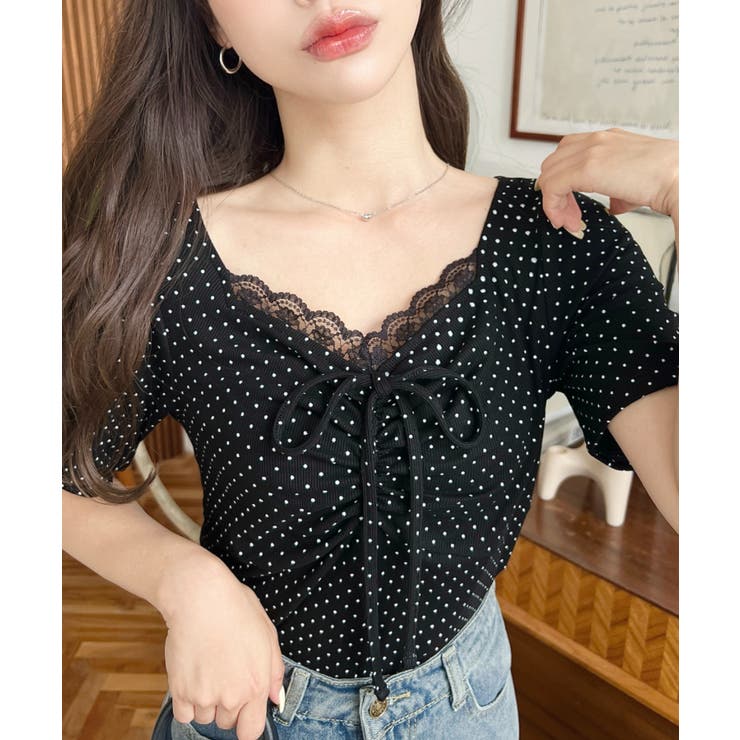 ドットプリントフロントレースギャザーリボントップス | moment+ | 詳細画像62 