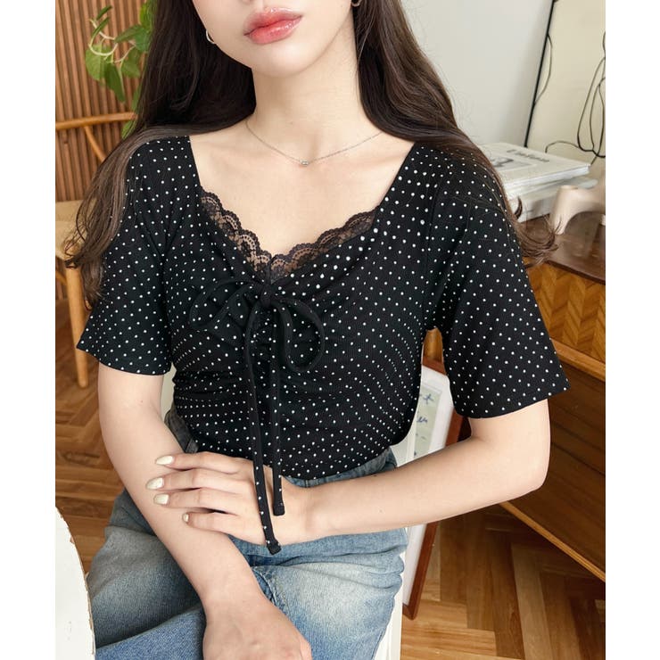 ドットプリントフロントレースギャザーリボントップス | moment+ | 詳細画像63 