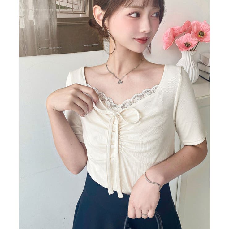 ドットプリントフロントレースギャザーリボントップス | moment+ | 詳細画像7 