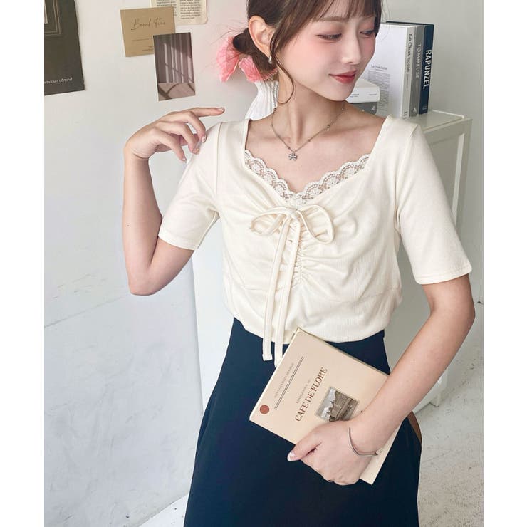 ドットプリントフロントレースギャザーリボントップス | moment+ | 詳細画像8 