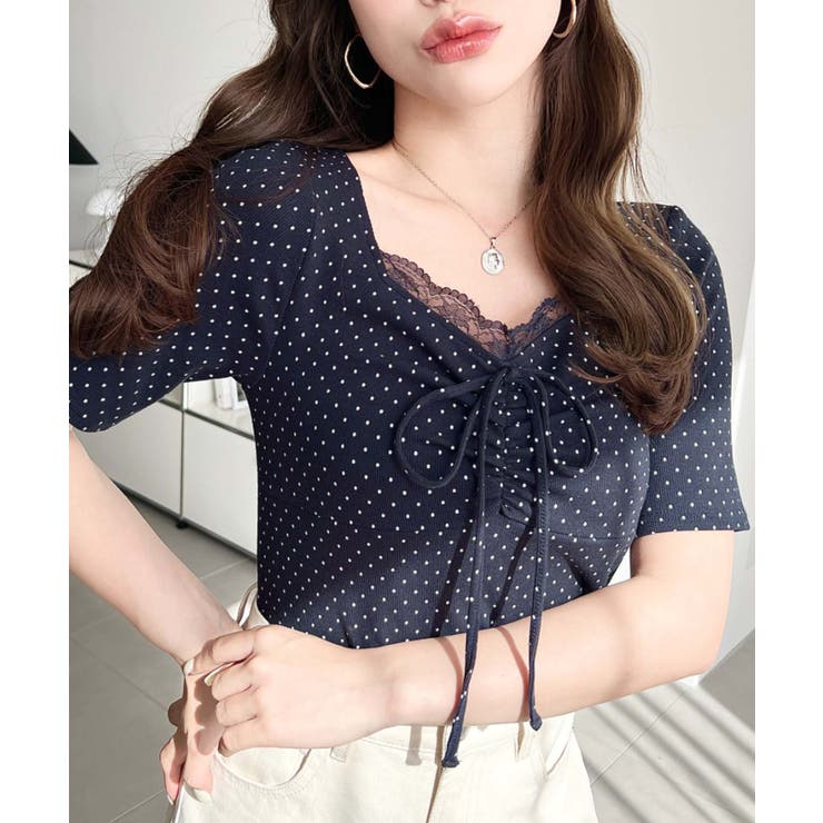 ブルー系その他 | ＼選べる14種類！ 無地＆ドット＆花柄プリントフロントレース半袖ギャザーリボント… | moment+