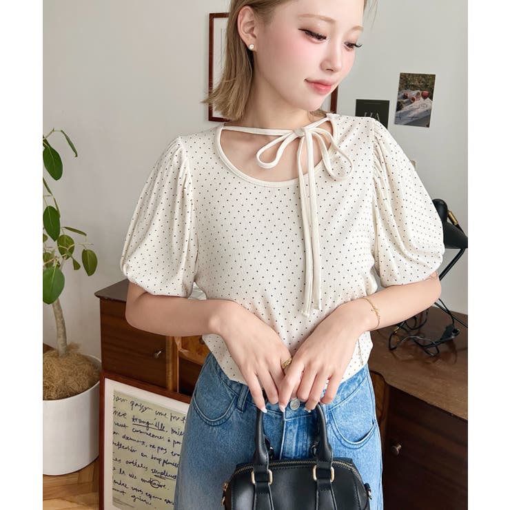 ドットプリントテレコリブバレエコアパフスリーブカットソー | moment+ | 詳細画像18 