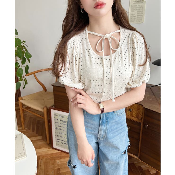 ドットプリントテレコリブバレエコアパフスリーブカットソー | moment+ | 詳細画像2 