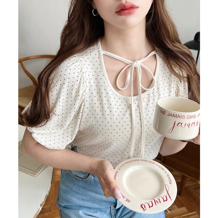 ドットプリントテレコリブバレエコアパフスリーブカットソー | moment+ | 詳細画像4 