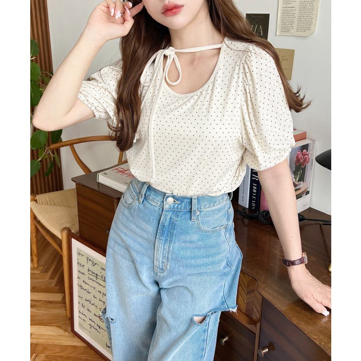 ドットプリントテレコリブバレエコアパフスリーブカットソー | moment+ | 詳細画像5 