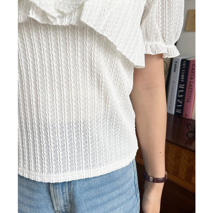 クロスリボンフリルカラー半袖ストライプレースカットソー | moment+ | 詳細画像10 