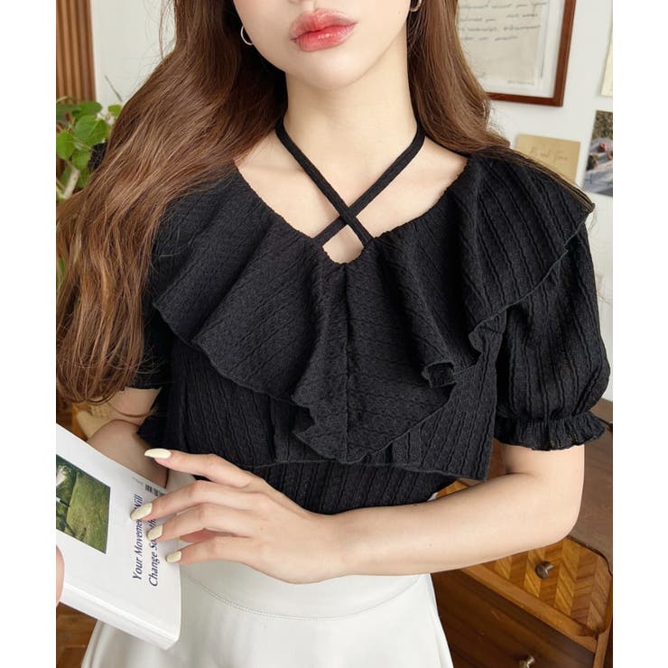 クロスリボンフリルカラー半袖ストライプレースカットソー | moment+ | 詳細画像12 