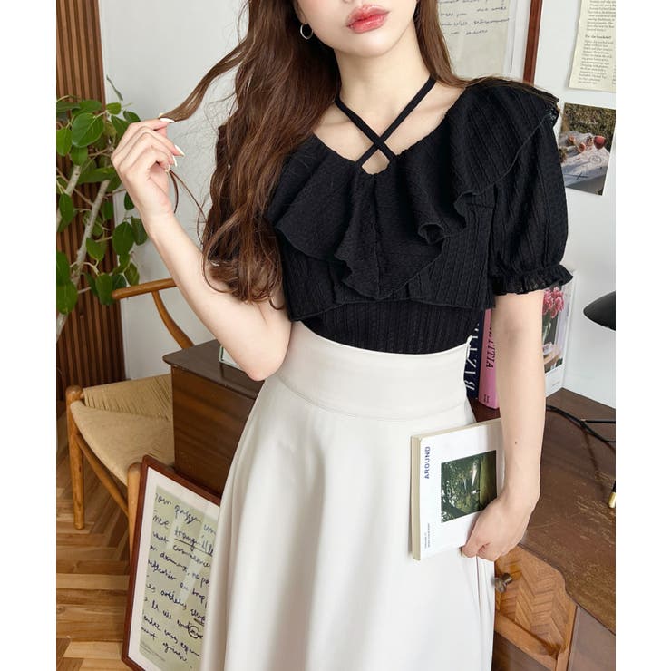 クロスリボンフリルカラー半袖ストライプレースカットソー | moment+ | 詳細画像13 