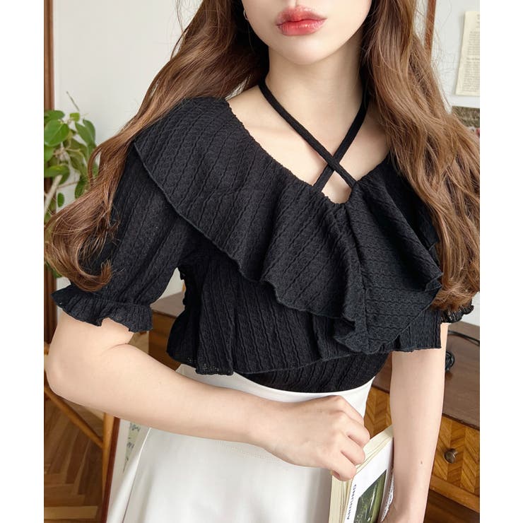 クロスリボンフリルカラー半袖ストライプレースカットソー | moment+ | 詳細画像14 