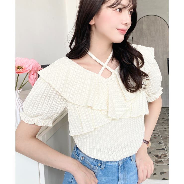 クロスリボンフリルカラー半袖ストライプレースカットソー | moment+ | 詳細画像17 