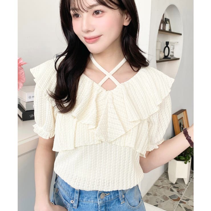 クロスリボンフリルカラー半袖ストライプレースカットソー | moment+ | 詳細画像18 