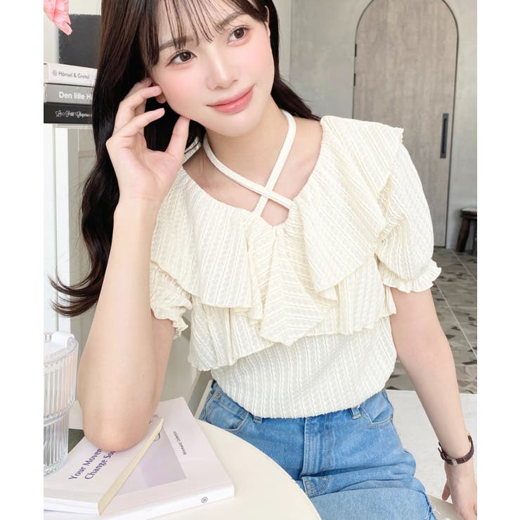 クロスリボンフリルカラー半袖ストライプレースカットソー | moment+ | 詳細画像19 