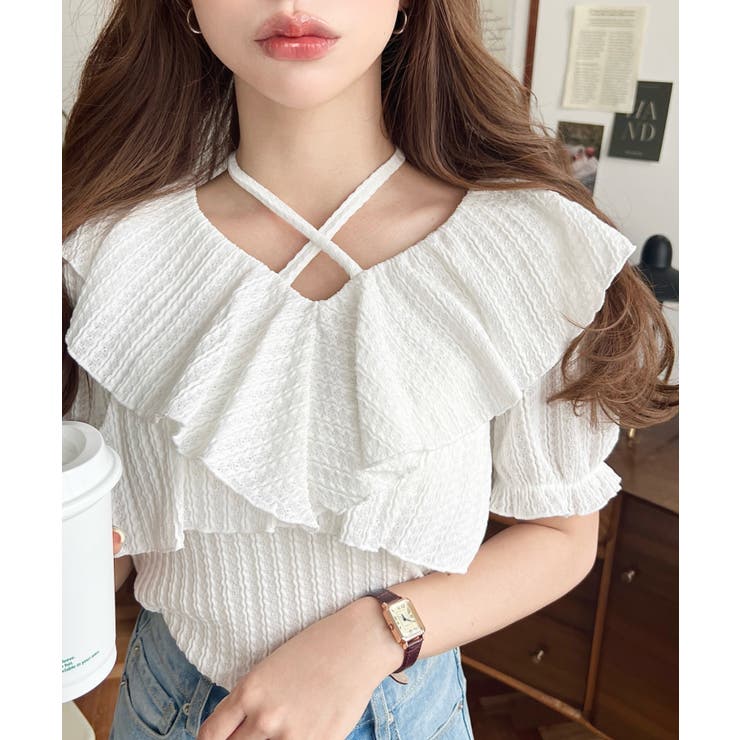 クロスリボンフリルカラー半袖ストライプレースカットソー | moment+ | 詳細画像2 