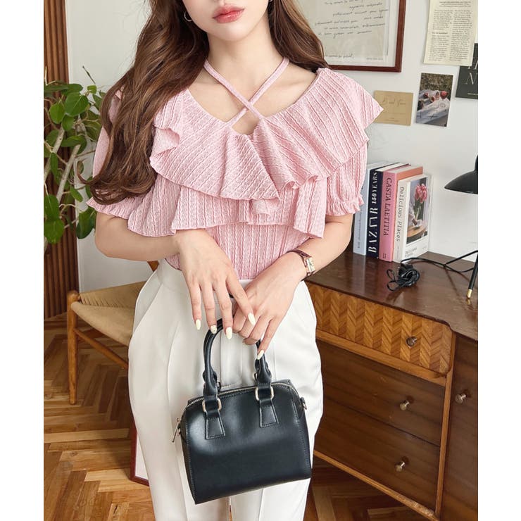 クロスリボンフリルカラー半袖ストライプレースカットソー | moment+ | 詳細画像23 