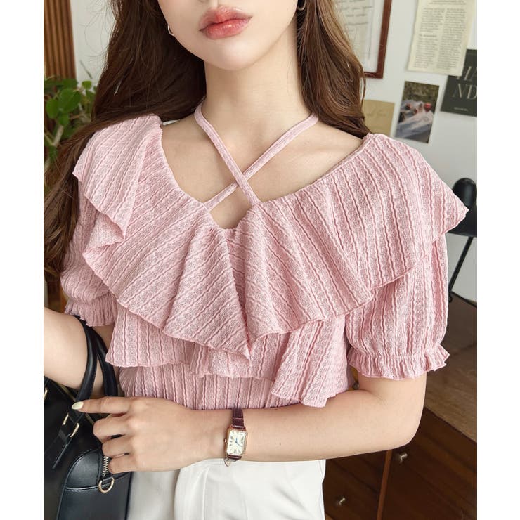 ストライプレースクロスリボンフリルカラー半袖カットソー[品番