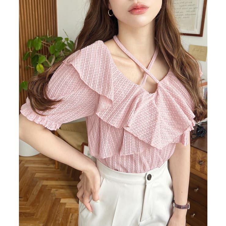 クロスリボンフリルカラー半袖ストライプレースカットソー | moment+ | 詳細画像25 