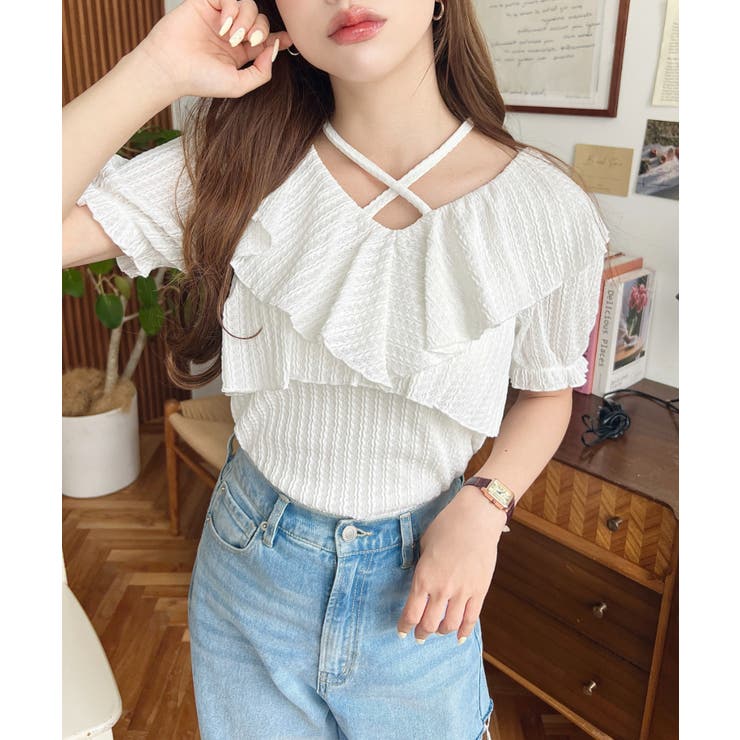 クロスリボンフリルカラー半袖ストライプレースカットソー | moment+ | 詳細画像3 