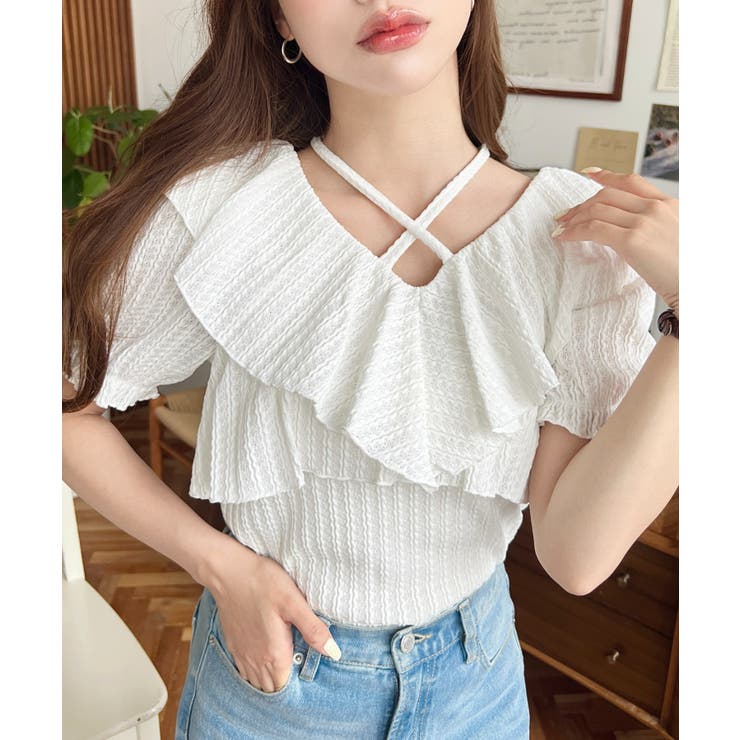 クロスリボンフリルカラー半袖ストライプレースカットソー | moment+ | 詳細画像4 