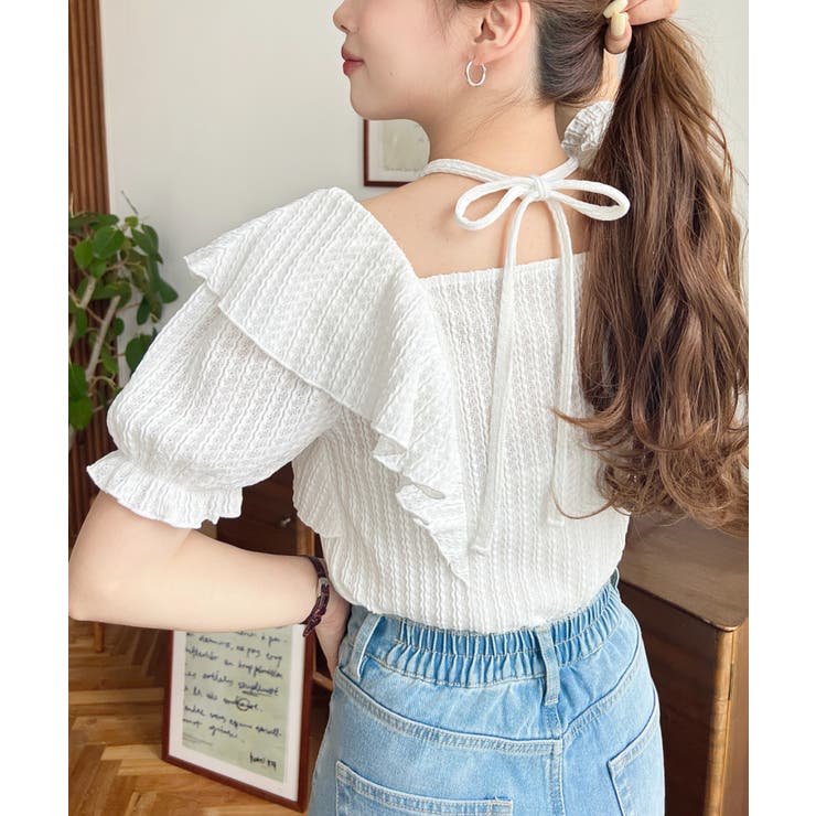 クロスリボンフリルカラー半袖ストライプレースカットソー | moment+ | 詳細画像5 