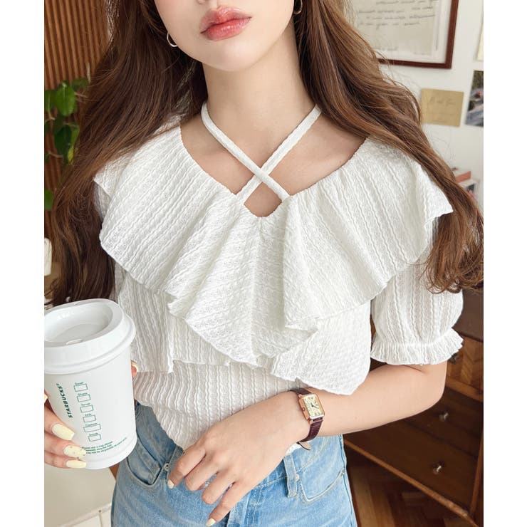 クロスリボンフリルカラー半袖ストライプレースカットソー | moment+ | 詳細画像6 