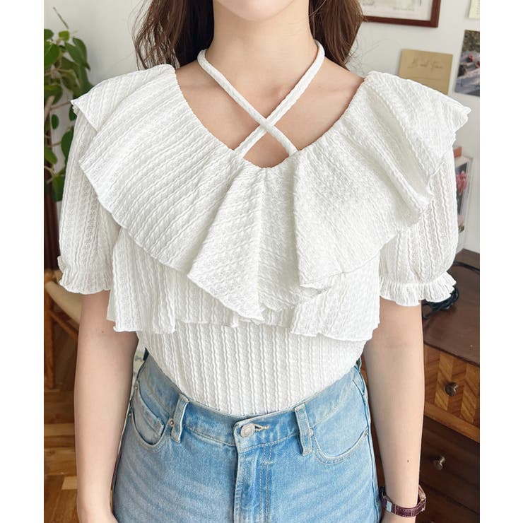 クロスリボンフリルカラー半袖ストライプレースカットソー | moment+ | 詳細画像7 