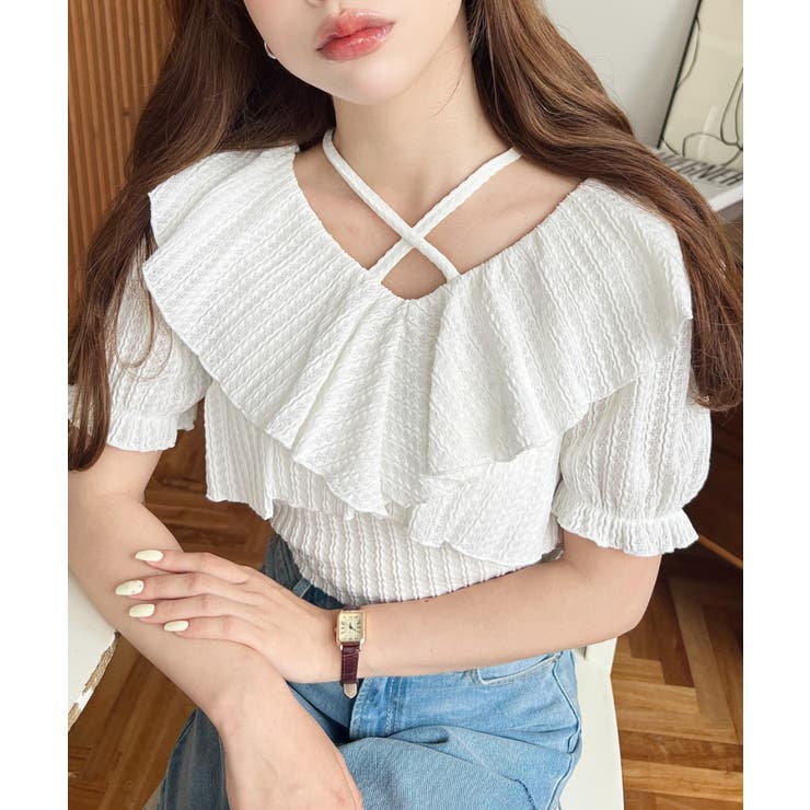 オフホワイト | クロスリボンフリルカラー半袖ストライプレースカットソー | moment+