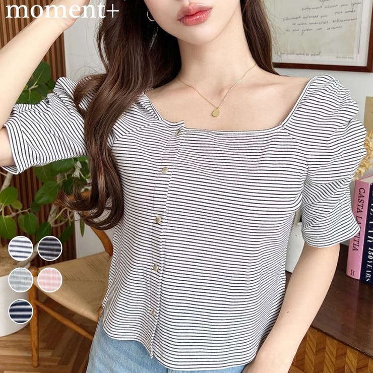 アシメスクエアネックボーダー半袖プルオーバー | moment+ | 詳細画像1 