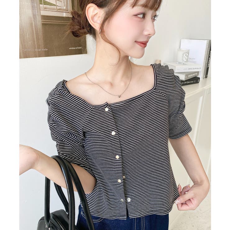 アシメスクエアネックボーダー半袖プルオーバー | moment+ | 詳細画像14 